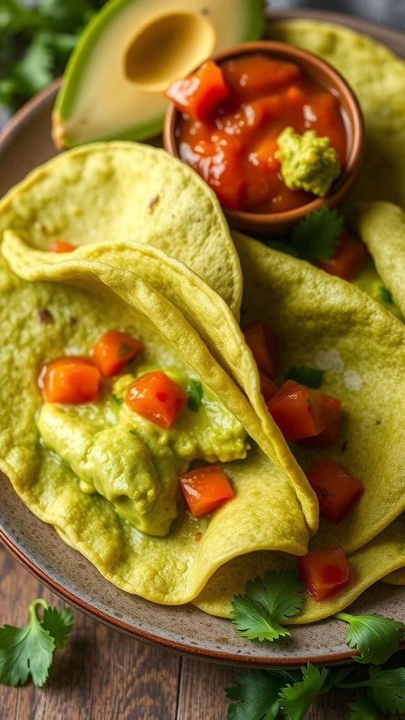 Receta de Tortillas Verdes Tortillas verdes apiladas en un plato, acompañadas de salsa y guacamole, sobre una mesa rústica.
